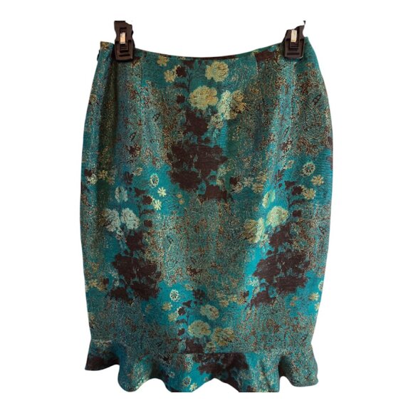 BANU PARIS FLORAL BROCADE SKIRT SIZE 6 TEAL BROWN PRINT BOTTOM RUFFLE HEM - Picture 5 of 8